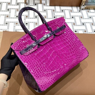 SO定制BK35亮面葡萄紫拼J5天方夜谭紫拼色鳄鱼皮银扣手缝蜡线女包