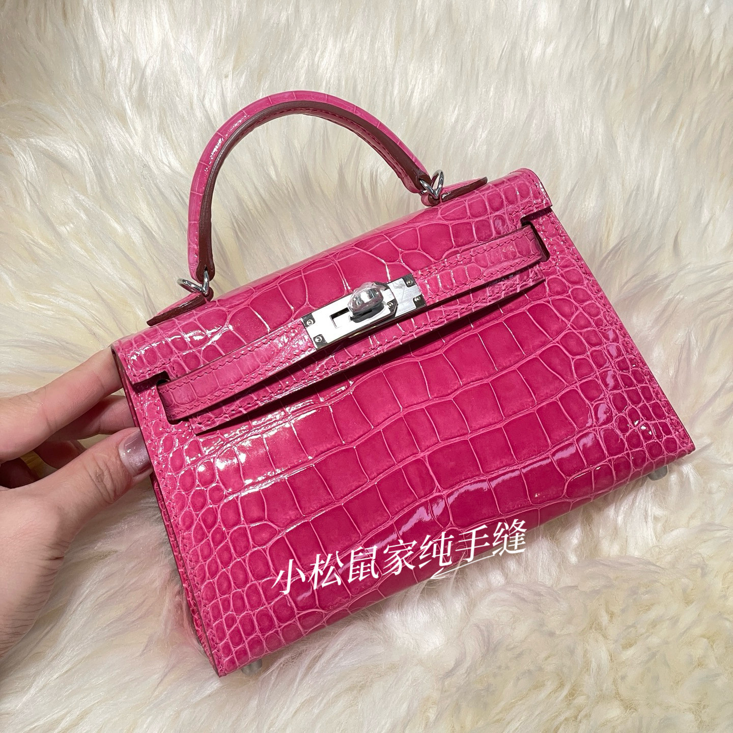 纯原mk2凯莉迷你二代KL19cm亮面高光美洲鳄鱼皮0D玫红色银扣手提