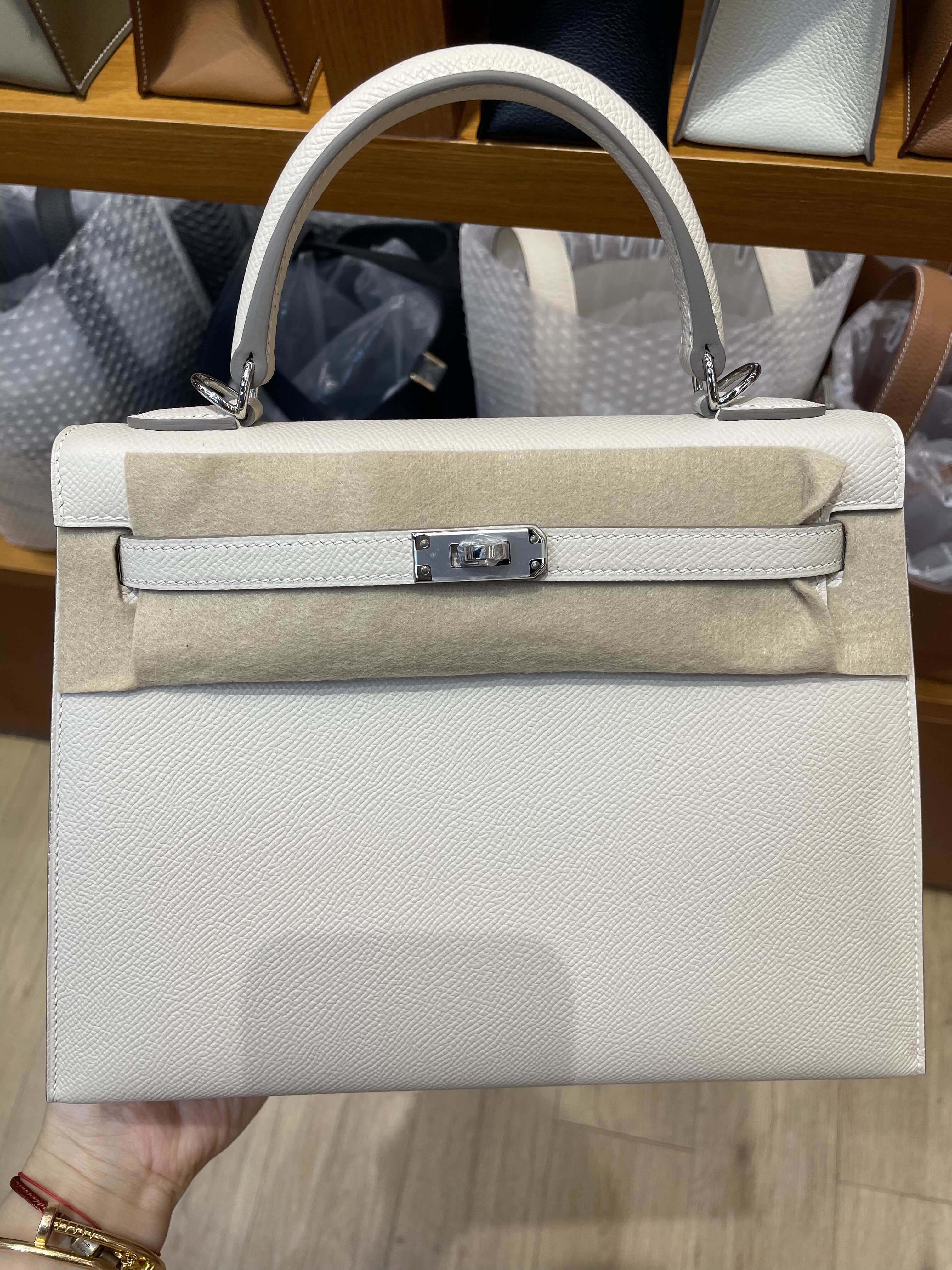 纯手缝蜡线凯莉KL25进口epsom皮奶昔白银扣手掌纹牛皮手提女包