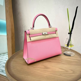 老师傅手缝蜡线钯金银扣凯莉KL25外缝5P樱花粉epsomor掌纹牛皮包