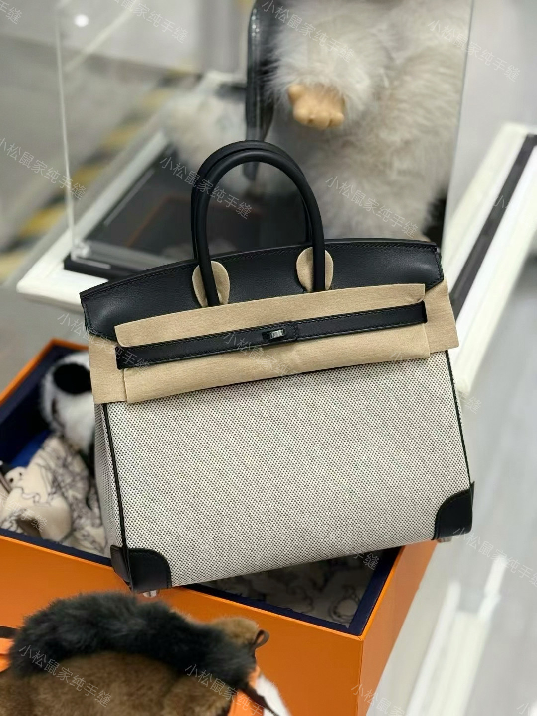 精品纯手缝 熊猫黑色dream帆布BK25纯手工蜡线女包铂金包钯金铜钉