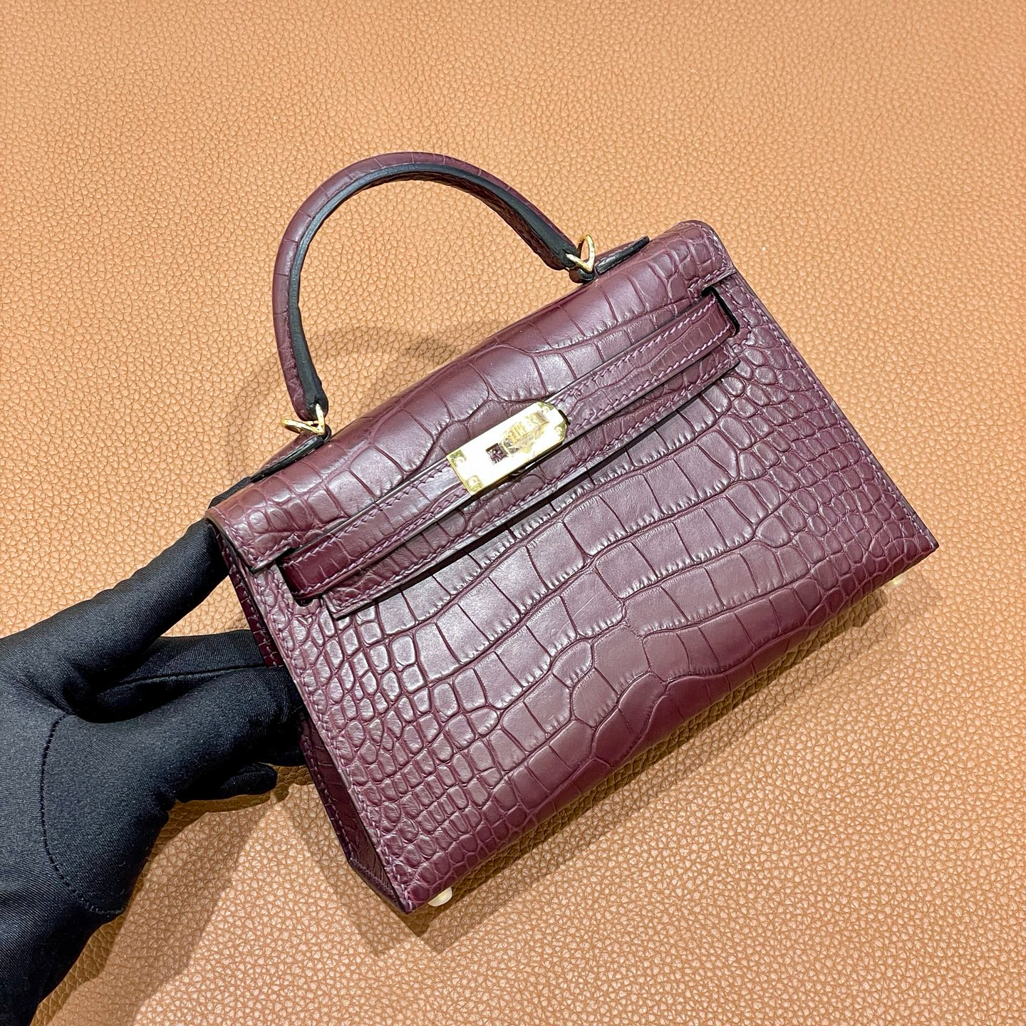 纯原凯莉迷你二代KL19雾面hcp美洲鳄鱼皮哈瓦那红金扣mk2手提女包