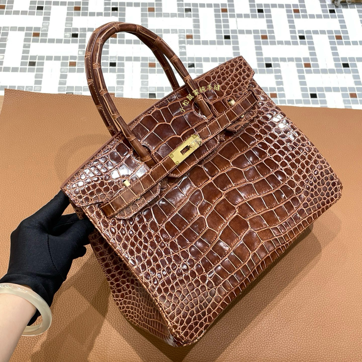 bk30铂金包纯原hcp水染亮面美洲鳄鱼皮中古蜜糖枫叶棕33Miel金扣