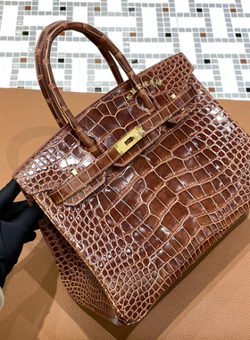 bk30铂金包纯原hcp水染亮面美洲鳄鱼皮中古蜜糖枫叶棕33Miel金扣