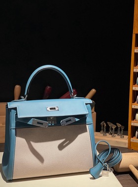 新款凯莉包KL28拼帆布 牛仔蓝色h原厂sw皮银扣toile高级手缝蜡线