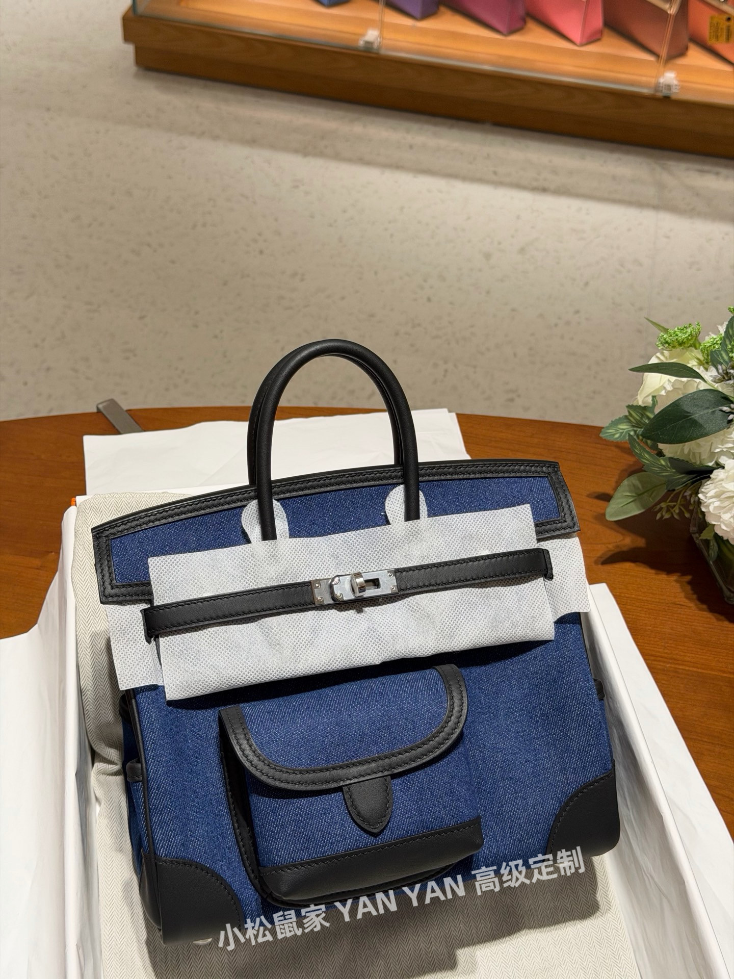 海军蓝纯手工蜡线cargo咖啡包进口帆布拼swift皮铂金包bk25