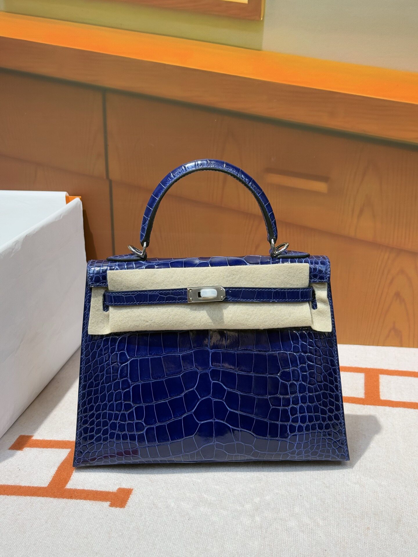 宝石蓝 鳄鱼皮凯莉25美洲hcp亮面手提女银扣手工蜡线中号KL女包