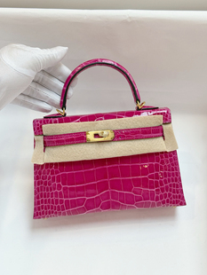 纯手工定制女包墨西哥粉mk2凯莉二代美洲鳄鱼皮亮面蜡线KL19迷你