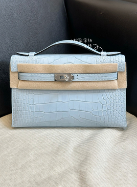 天空蓝鳄鱼皮银扣雾面方块美洲mk1凯莉一代22cm手拿包手缝蜡线mk1