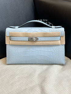 天空蓝鳄鱼皮银扣雾面方块美洲mk1凯莉一代22cm手拿包手缝蜡线mk1