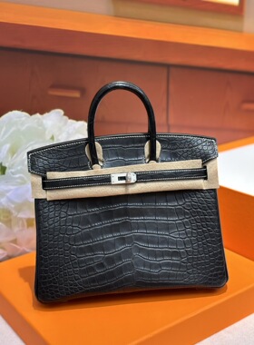 定制纯手工铂金美洲鳄鱼皮birk25黑色in拉丝银扣白线拼珍珠灰雾面