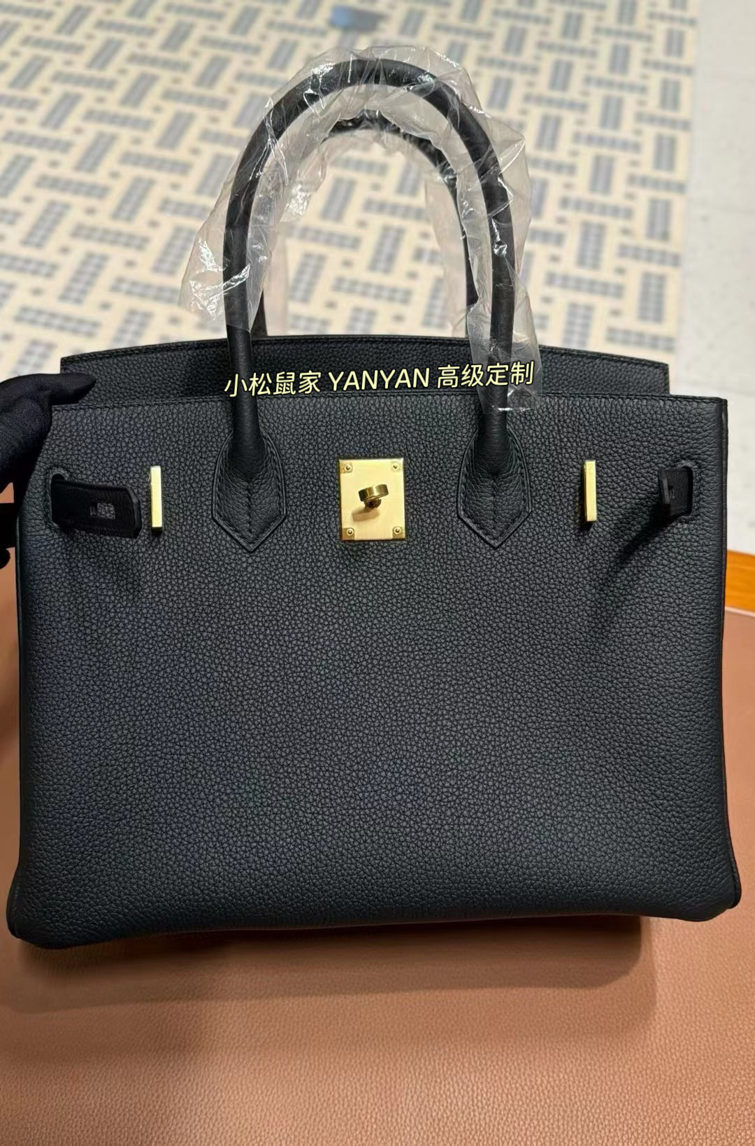 手工订制德国原厂Togo颈纹荔枝纹牛皮89黑色24K真金扣铂金包bk30