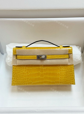琥珀黄mk1亮面美洲鳄鱼皮定制 银扣凯莉一代KL22手提包手缝蜡线