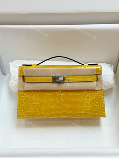 琥珀黄mk1亮面美洲鳄鱼皮定制 银扣凯莉一代KL22手提包手缝蜡线