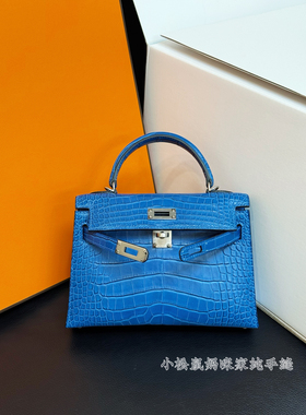 琉璃蓝KL19凯莉包二代mk2原厂Hcp方块鳄鱼手缝蜡线手提女银扣