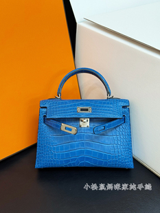 琉璃蓝KL19凯莉包二代mk2原厂Hcp方块鳄鱼手缝蜡线手提女银扣