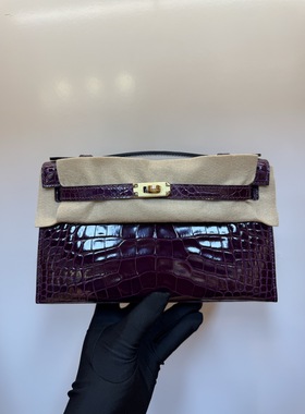 手缝定制黑加仑紫色mk1凯莉一代原厂亮面美洲鳄鱼皮金扣KL22女包