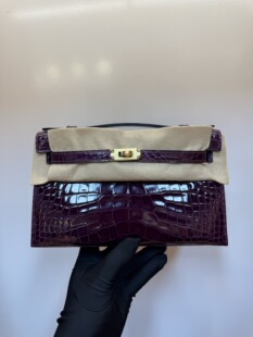 手缝定制黑加仑紫色mk1凯莉一代原厂亮面美洲鳄鱼皮金扣KL22女包