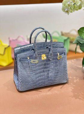 低饱和度 | 风暴蓝N7铂金包bk25亮面高光美洲鳄鱼定制手工蜡线