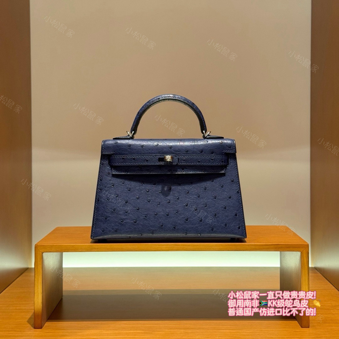 手工定制凯莉二代KL19鸵鸟皮7L马耳他蓝 南非鸵鸟皮银蜡线手提包