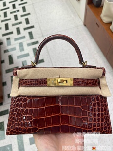 凯莉二代33Mie1焦糖蜜糖棕枫叶红 KL19亮面鳄鱼皮手缝mk2定制包