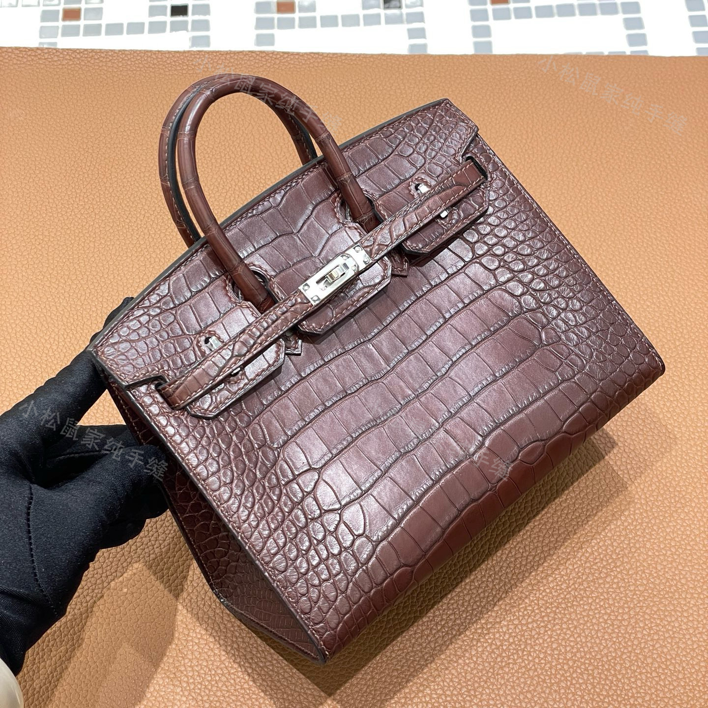 手工铂金包BK20美拉德哈瓦那雾面美洲鳄鱼特级皮银扣蜡线手提迷你