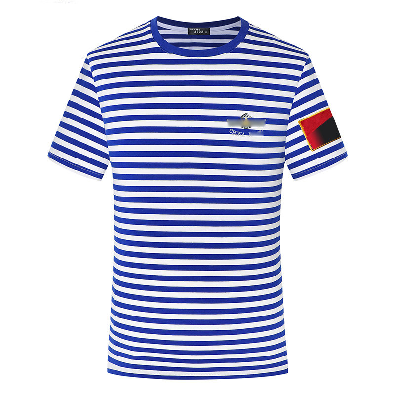 海魂衫纯棉蓝白条纹短袖T恤男女刺绣中国水手服水兵半袖衣服海战