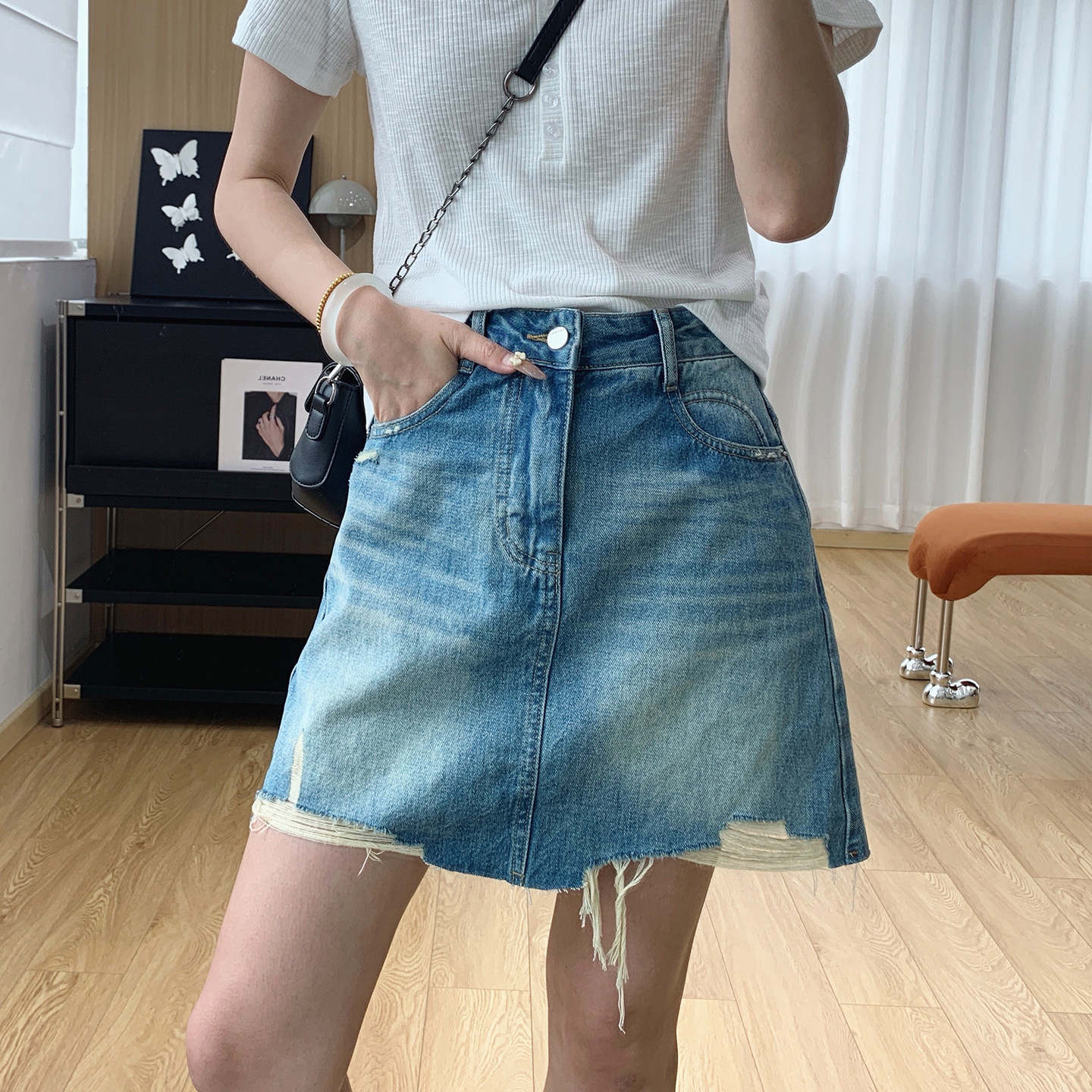 冰皮凉感高腰显瘦流苏破洞牛仔短裙女夏薄款a字半身裙防走光裙子