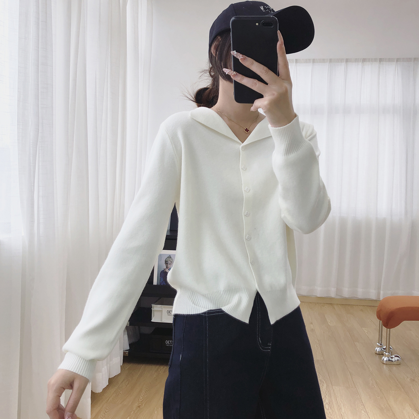 软糯亲肤翻领螺纹长袖针织开衫女