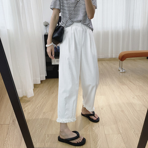 木耳边宽松直筒休闲裤女夏薄款