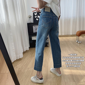 女秋季 春秋裤 九分裤 阔腿裤 子 窄版 四面弹高腰显瘦宽松直筒牛仔裤