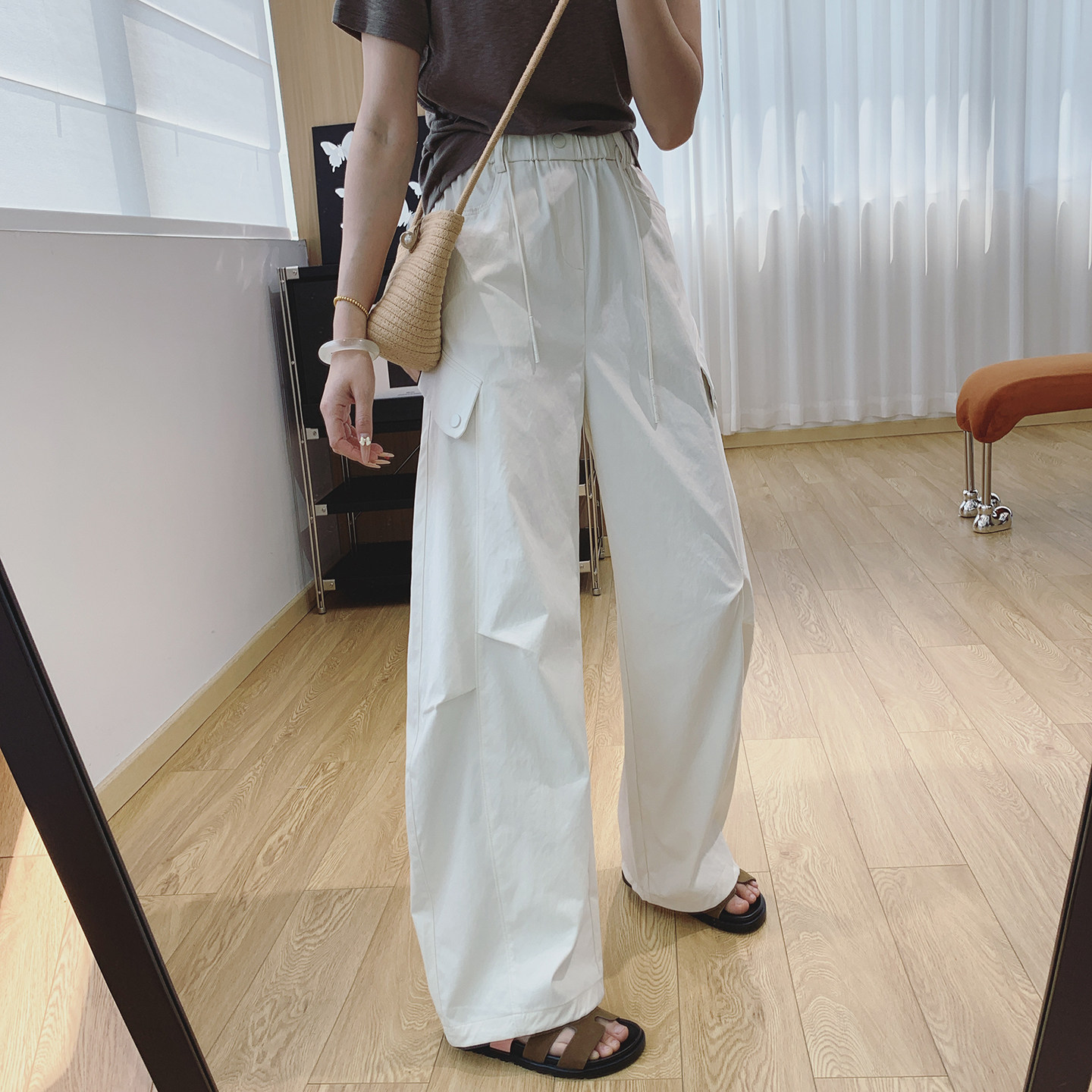 裤脚可收口！松紧腰显瘦垂感休闲工装裤女夏薄款宽松直筒阔腿裤