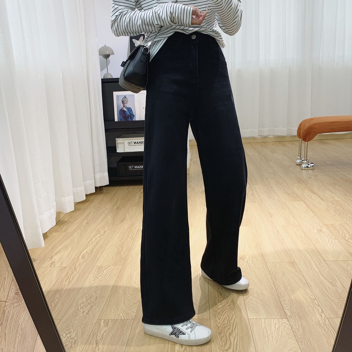 高腰显瘦加绒阔腿牛仔裤女秋冬