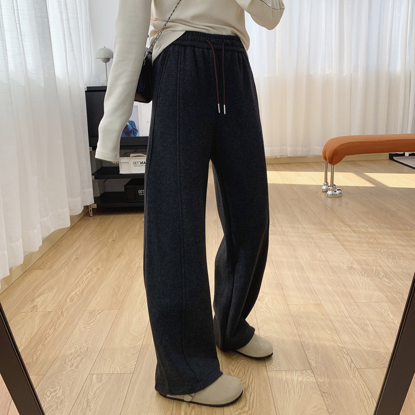 抽绳松紧腰加厚加绒弯刀裤宽松直筒显瘦垂感阔腿休闲裤女冬季裤子,女装/女士精品,休闲裤,淘宝优惠券,粉丝福利购,淘宝优惠卷