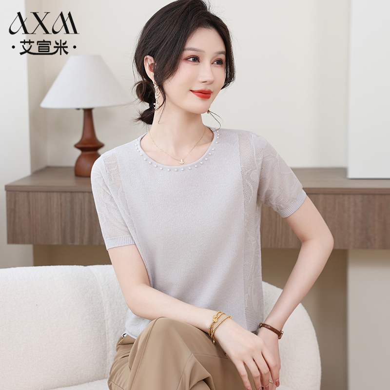 妈妈2025新款夏装冰丝短袖气质减龄中老年女装夏季薄款针织T恤衫