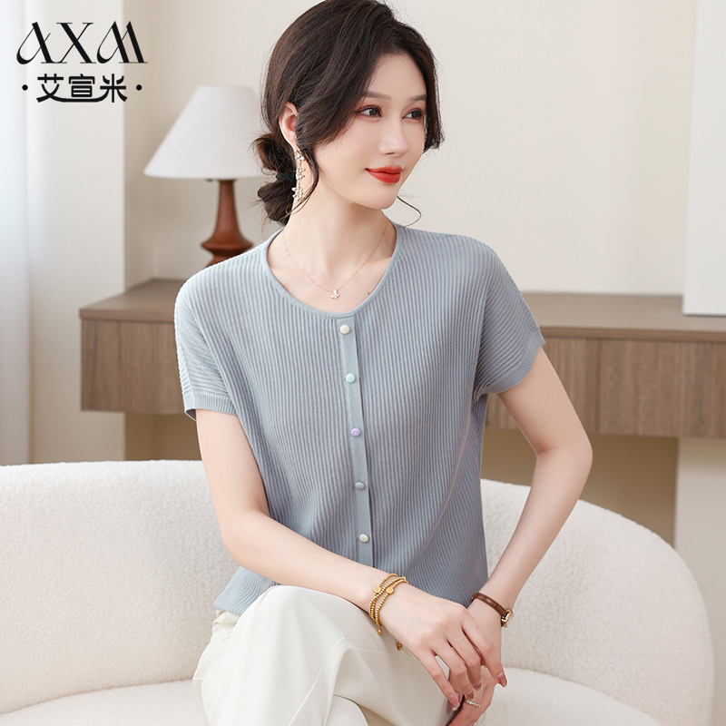 妈妈夏装纯色短袖T恤衫2025新款中老年女装夏季薄款针织小衫上衣