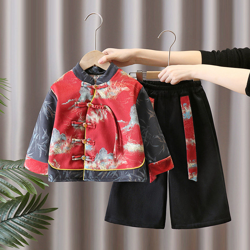 男童拜年服秋冬加绒加厚喜庆套装