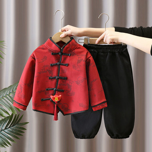 汉服男童秋冬季喜庆宝宝加绒加厚中国风古装儿童新中式拜年服套装