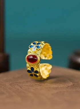 古法金镶嵌轻奢红宝石戒指女款气质风旗袍配饰百搭开口可调节指环