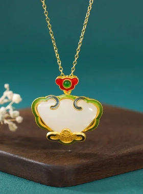 珐琅彩钱币如意和田玉古法金吊坠项链复古中国风设计女国风饰品