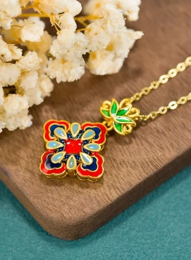 珐琅彩花蕊四叶草锁骨项链高级个性古法金女款吊坠七夕情人节送礼
