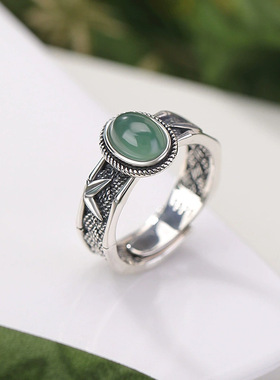 复古做旧蛋面戒指女士竹叶编织开口指环蓝手饰简约高级感国风饰品