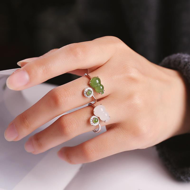 925银天然碧玉白玉如意葫芦福禄时尚优雅精致可调节白金古风戒指