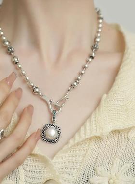 925银皇冠圆珠珍珠吊坠双钩子新中式项链民族风感毛衣锁骨链国风
