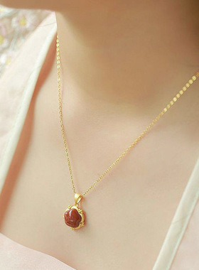 粉黛国风南红梅花吊坠女复古法金锁骨民族古风项链汉服旗袍饰品