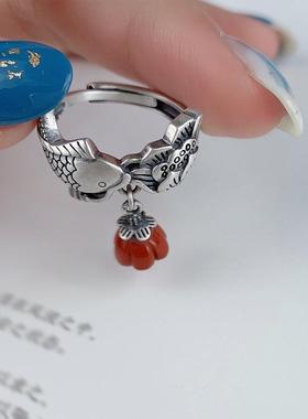 锦鲤南红莲蓬925银戒指女开口复古做旧中国风食指简约古典指环