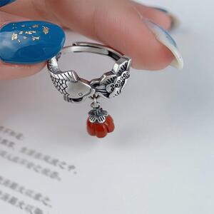 锦鲤南红莲蓬925银戒指女开口复古做旧中国风食指简约古典指环