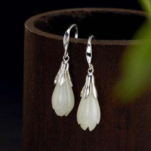 925银和田玉兰花玉石复古百搭2021夏季 女耳环耳饰防过敏耳坠 新款