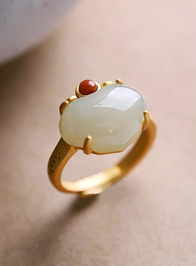 故宫和田玉如意戒指女古法镀金开口复古国风宫廷民族风指环饰品