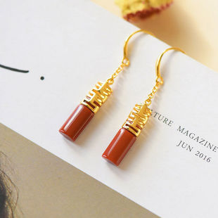 925银镶嵌和田玉南红玛瑙双喜耳环防过敏耳饰复古简约气质新娘女